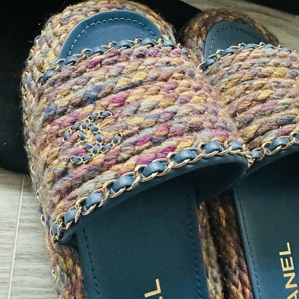 Chanel multicolor blue purple tweed leather CC chain mules sandals NEW WITH BOX - Picture 9 of 11